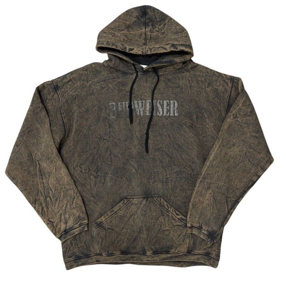 Art Unlimited Sportswear Budweiser Hoodie Acid Wash Sweatshirt Brown Mens Large